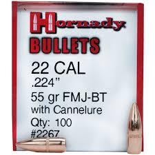 Hornady Bullet 22CAL 55gr FMJ BT with Cannelure 100CT Box #2267